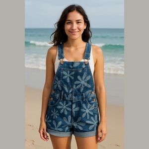 NoBo Daisy print medium weight denim short overalls